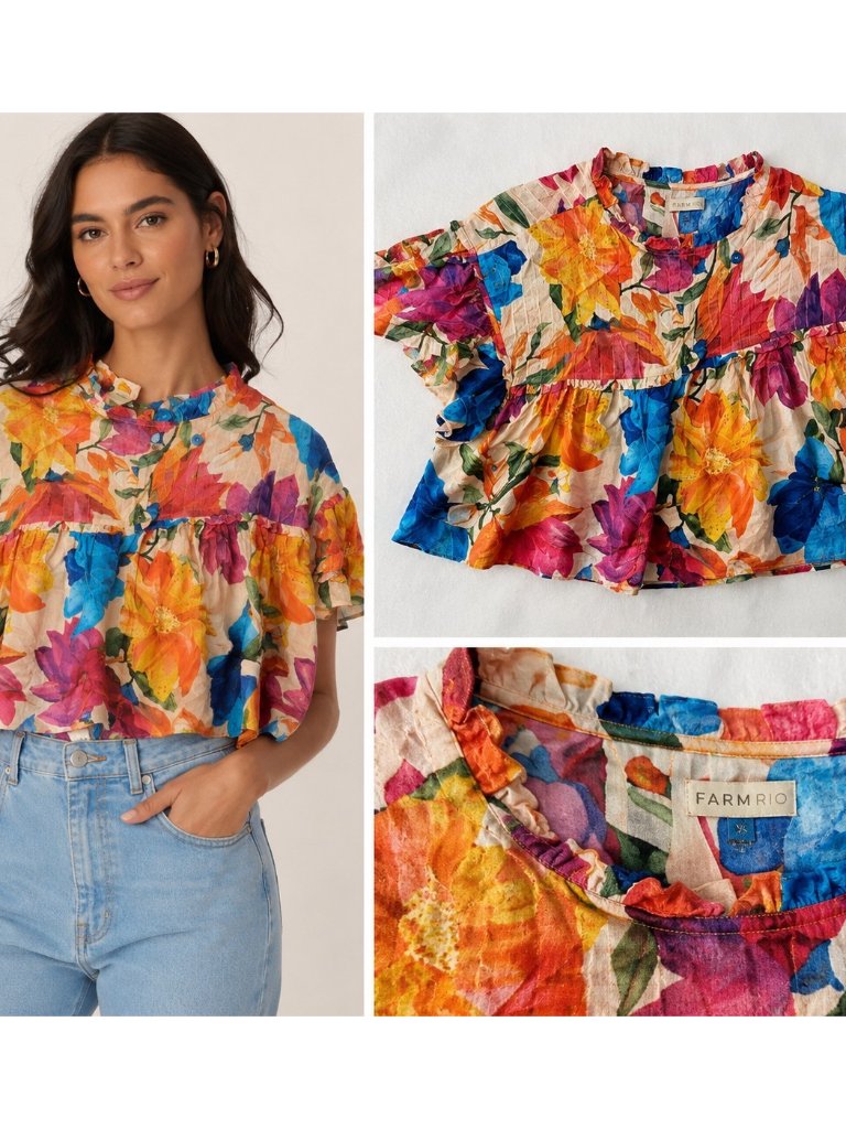 Farm Rio Mary's Garden Blouse Ruffle Sz Xs Flutter Sleeve Multicolor